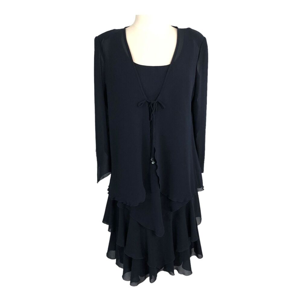 Cattiva Evening Jacket Dress Chiffon Midi Flapper Layered Flare Sz 10 Navy Blue